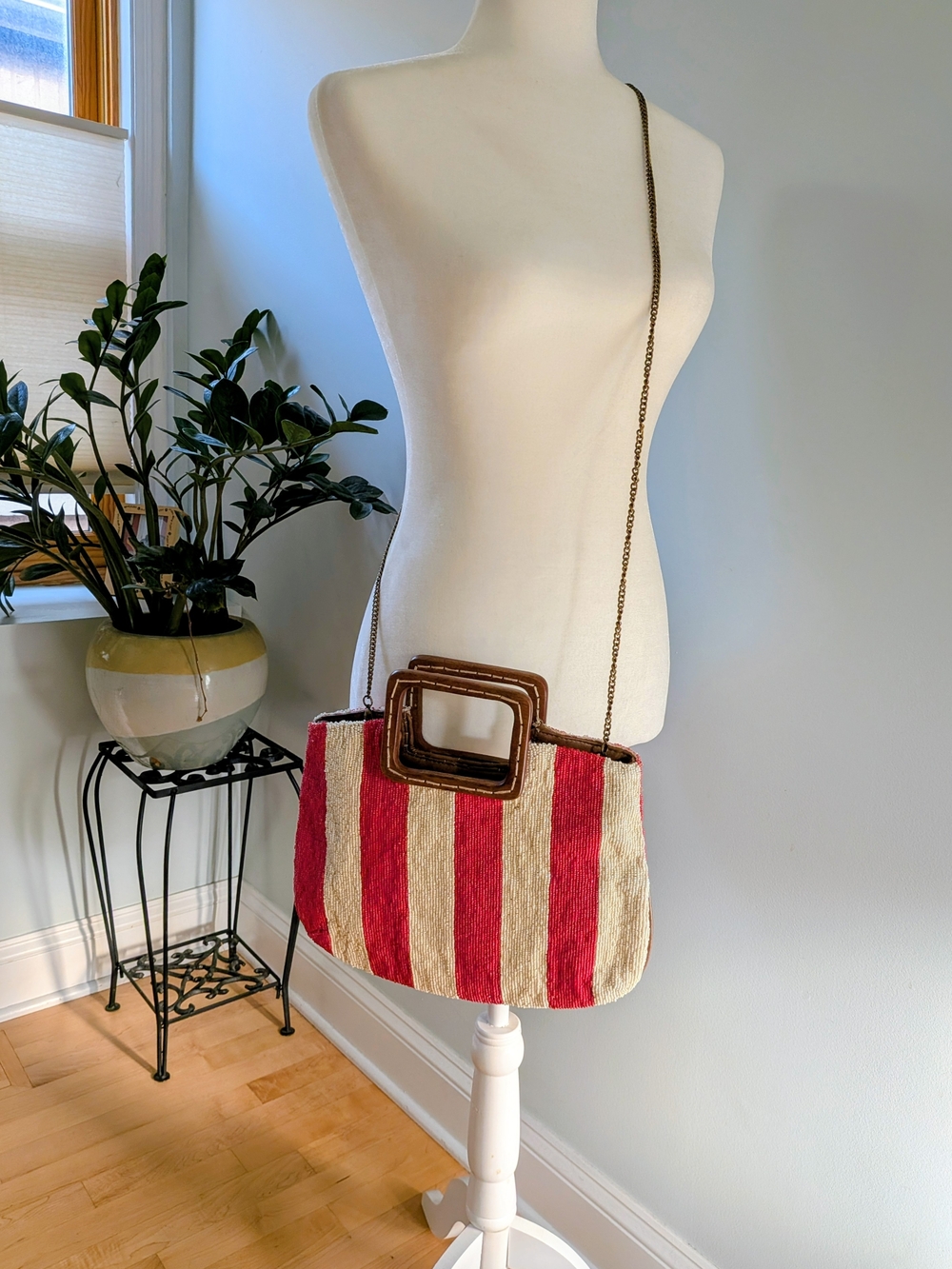 Exquisite Beaded Striped Red and Cream Shoulder Bag with Chain Strap